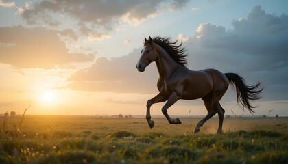 Fototapeta premium Majestic horse gallops across field at sunset capturing the spirit of freedom and wild beauty