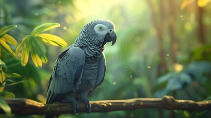 Fototapeta premium African grey parrot perched a tree branch highly detailed textured feathers intelligent expression jungle backdrop soft natural lighting lifelike realism