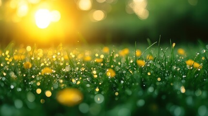 Obraz premium Golden Hour Dewdrops: A Meadow's Morning Embrace