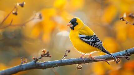 Obraz premium American goldfinch perched a sun drenched branch bright yellow and black feathers glowing perfect bokeh background ultra realistic details
