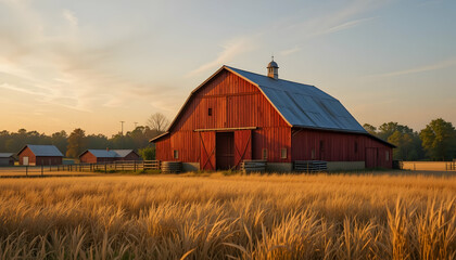 Obraz premium Rustic Red Barn at Sunrise in Golden Field Evokes Nostalgia and Farming Heritage 110 chars