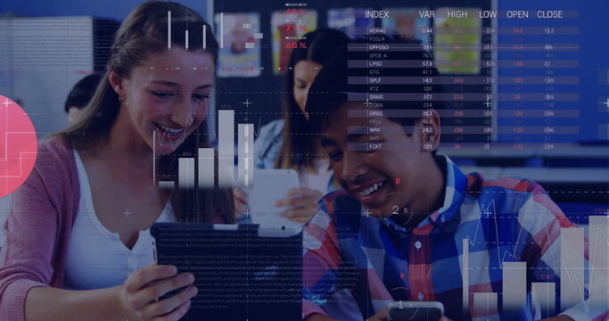 In school, students using digital tablets exploring interactive data charts together - Powered by Adobe