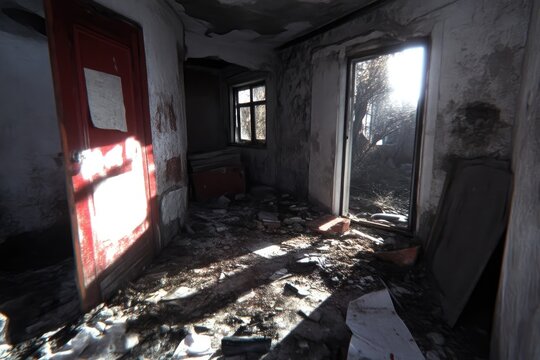 Ruined interior of a small house, debris-filled floor, cracked walls, and a single red door. Sunlight streams through a broken window - Powered by Adobe
