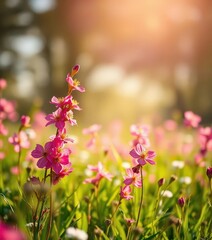 Vibrant spring blossoms in soft focus, sunlit meadow, bloom, petals, delicate