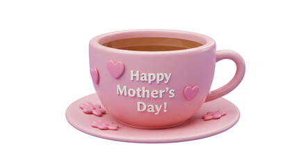 A pink teacup and saucer with hearts and floral designs for mothers day, isolated on transparent background