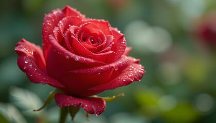 Vibrant Red Rose in Bloom Dew Kissed Petals Floral Beauty Garden Nature Blossom Spring Summer Romance Love Affection