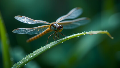Dragonfly on Green Leaf with Dewdrops Macro Insect Nature Photography Wildlife Summer Beauty Colorful Wings