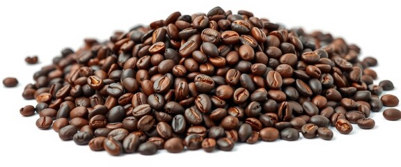 Fototapeta premium A rich mound of dark roasted coffee beans isolated on white, isolated, drink, dark