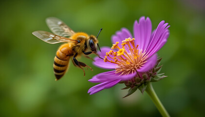 Honeybee pollinating a vibrant purple flower nature conservation ecosystem biodiversity sustainability