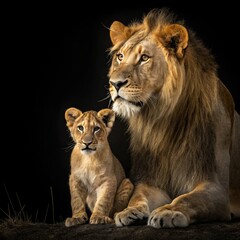 Obraz premium Old Lion portrait with his cub black background 