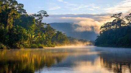Fototapeta premium Misty river flowing through lush rainforest at dawn