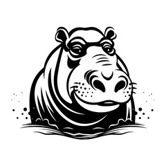 A bold and recognizable silhouette of a hippo, showcasing its large body, short legs, and distinctive facial features. Ideal for wildlife illustrations, zoo logos, nature conservation designs