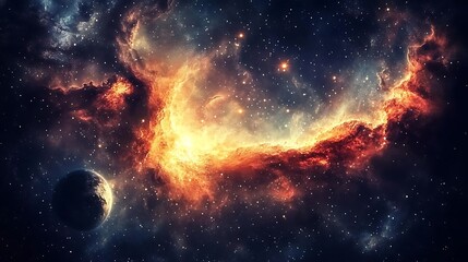 Fototapeta premium A vibrant nebula glowing around a distant planet in deep space