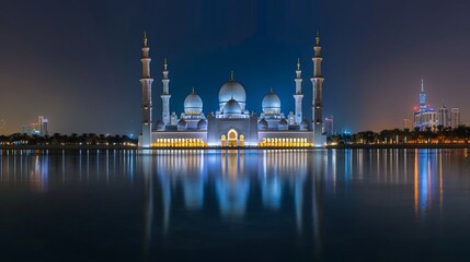 Obraz premium Night Mosque Reflection, Cityscape, Water, Illumination, Peaceful