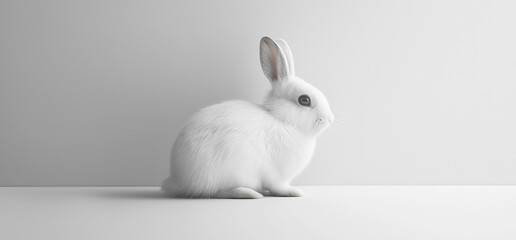 White Rabbit Fluffy Fur Soft Animal Minimalist Background Studio