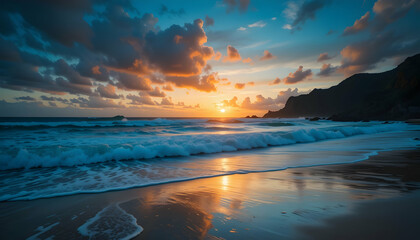 Golden sunset over ocean waves crashing on sandy beach dramatic cloudscape serene coastal landscape
