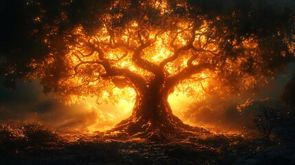 Glowing sunrise behind a magical oak tree high resolution hd image
