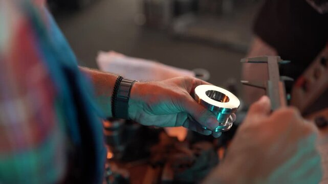 Mechanical engineer measuring component with caliper in workshop