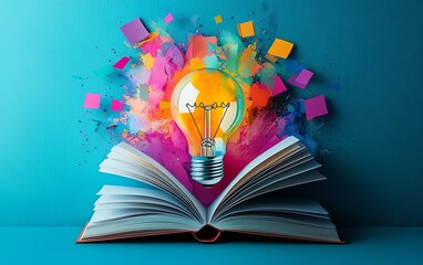 A brilliant, multicolored lightbulb surrounded by open books and stationery, representing the fusion of creativity, education, and the power of the mind in a lively, modern design