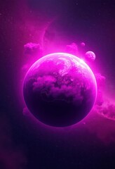 Magenta planet surrounded by shimmering cosmic dust, colorful, environment
