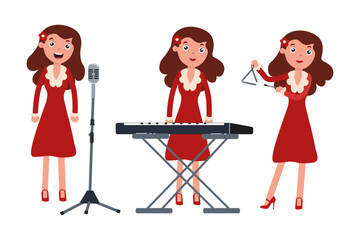 Woman performing with musical instruments in vibrant red dress at a lively event