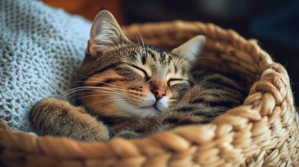 A contented tabby cat enjoying a peaceful nap in a basket
