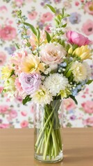Obraz premium A vase of flowers with a pink and blue background