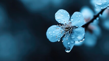 Delicate blossom, vibrant hues, glistening droplets.  A single, exquisite flower, saturated with water droplets, stands out against a moody backdrop.  Soft, pastel tones create a peaceful ambiance