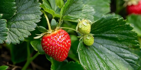 Fresh Red Strawberry and Unripe Green Berry on Lush Green Leaves