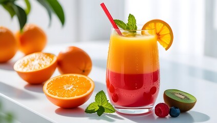 Refreshing layered fruit juice with orange, kiwi, and berries. A taste of summer - Tropical delight