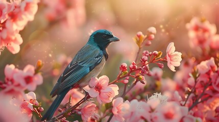 Obraz premium Black capped tanager perched a blooming pink flower deep green and sky blue feathers shining under soft golden light blurred background