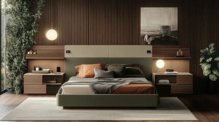 A sophisticated bedroom with a sleek and structured headboard, symmetrically paired with nightstands