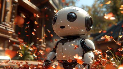 Naklejka premium Autumnal Robot: A Digital Dream in Falling Leaves
