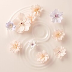 A beautiful arrangement of flowers floating in a circular pool of water