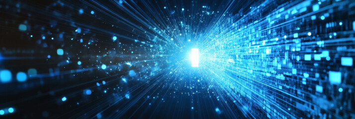 Naklejka premium Abstract Blue Light Tunnel Effect with Data Stream and Technology Background Representing Futuristic Cyber Communication and Artificial Intelligence Innovation