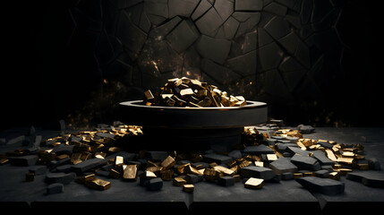 A shattered vault spills forth a golden treasure, a dark, dramatic scene of immense wealth and sudden upheaval against a cracked stone wall backdrop.