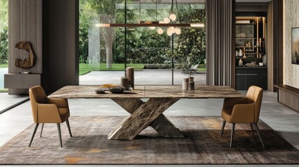 Fototapeta premium A sturdy dining table with steel legs and a high-quality natural stone top, perfect for modern interiors