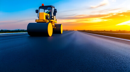 Sunset highway construction; asphalt rollers paving new road 