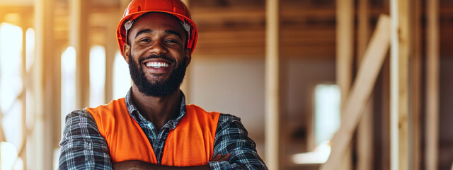 African-American male construction worker wearing helmet and protective clothing smiling in the background of construction site. Joyful worker, confident professional at the construction site.