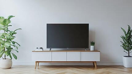 A stylish modern TV cabinet with real wood legs, supporting up to -inch TVs, perfect for contemporary spaces