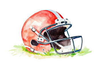 Fototapeta premium A vibrant illustration of a football helmet resting on grass, showcasing a glossy orange exterior with white stripes.