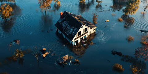 The house is flooded by a powerful flood, the water destroys the structure. Natural disaster, calamity, destruction, extreme situation. Consequences of a major flood, climate change, crisis.