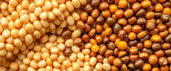 Fototapeta premium Close-up of soybean and corn seeds, showcasing texture and color, protein, crop