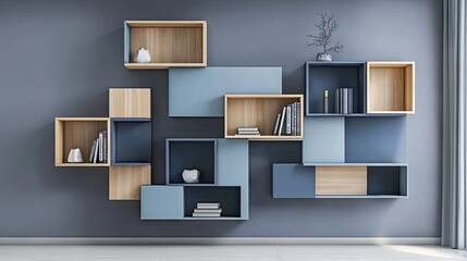 A trendy maple and blue floating box, arranged above a workspace for easy-to-reach storage