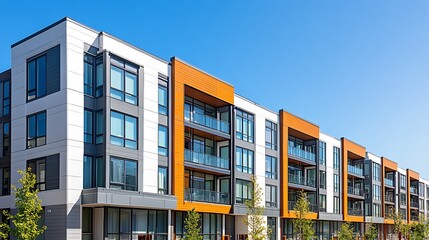 Modern apartment buildings under a clear sky