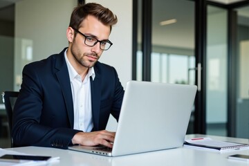 Fototapeta premium Professional Young Adult Male in Formal Attire Working on Laptop in Modern Office Environment, Concentrating on Task at Hand