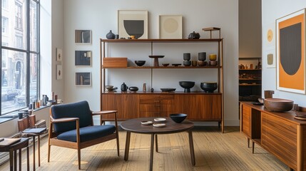 Fototapeta premium A well-arranged cabinet set in a bright and airy living space, enhancing organization and aesthetics