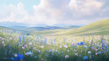 Vibrant meadow filled with colorful wildflowers under a clear blue sky with distant mountains (2)