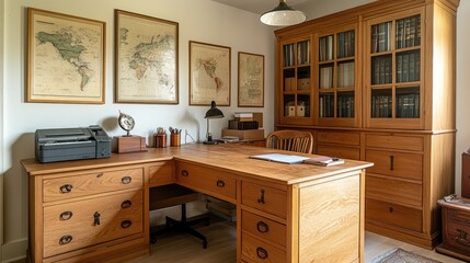 A well-organized home office with a wooden table, positioned to create a sense of stability and relaxation