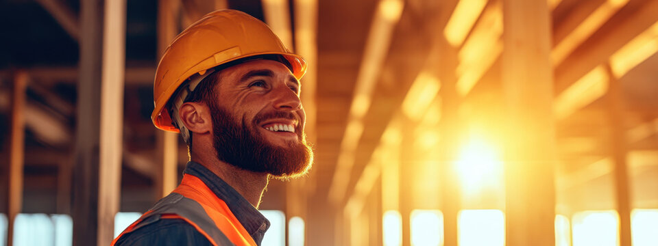 Construction worker in helmet and protective clothing smiling on the background of a construction site. Joyful worker confident professional on a construction site. Safety equipment construction.